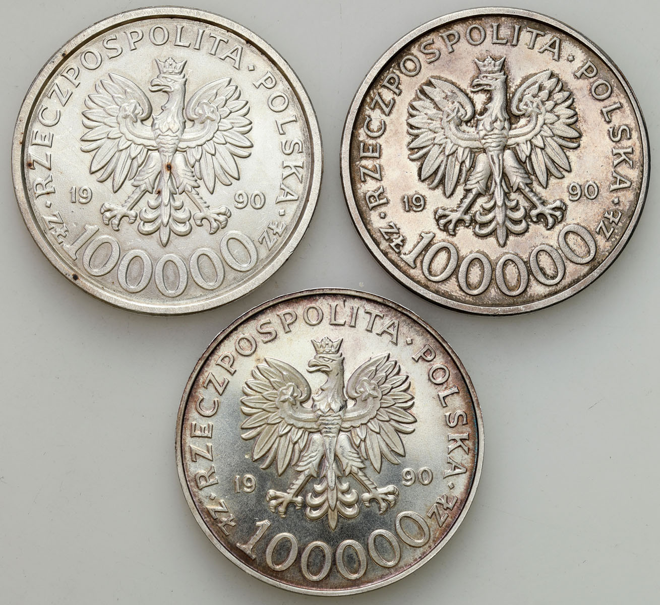 100 000 zł 1990 Solidarność typ A, B i C, zestaw 3 monet – KOMPLET